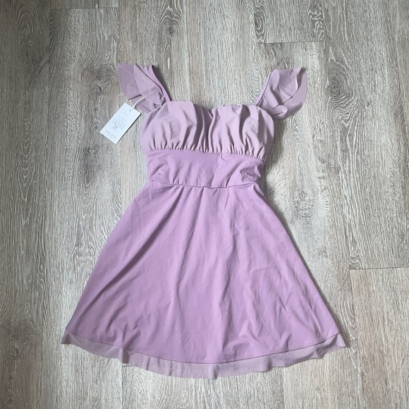 New Halara Airy Softlyzero Ruffle Backless Lace Mesh Flare Mini Dress Elderberry - Picture 2 of 5